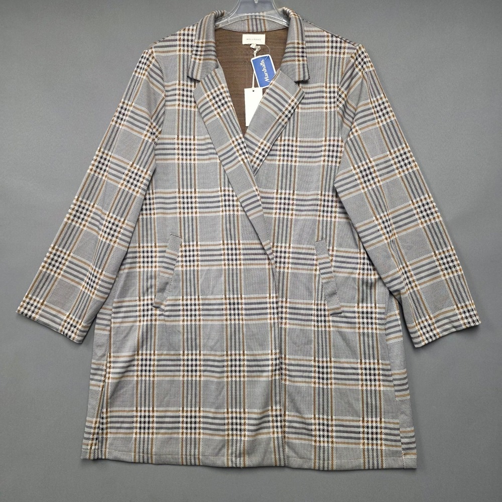 Melloday Jacket Women's Plaid Open Front Longline Blazer Gray 3X